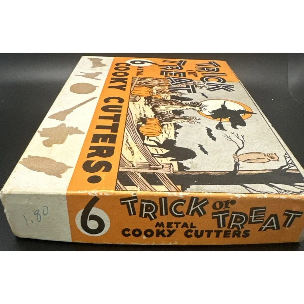Vintage Trick or Treat Set of 6 Metal Halloween Cooky Cookie Cutters with Box